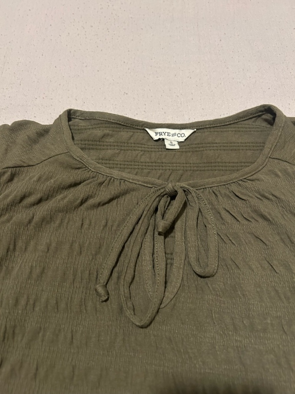 FRYE AND CO. Olive Green Tie-Neck Puff Sleeve Top - Picture 5 of 7